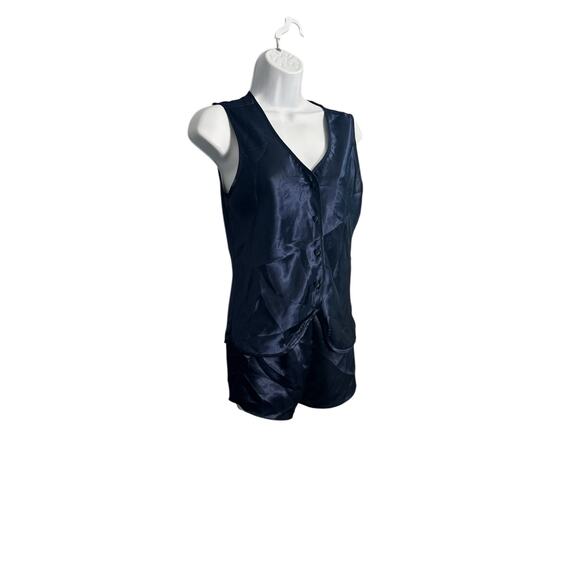 Vintage Kathryn Navy Satin Pajama Set Navy Blue Size Medium - Picture 2 of 5